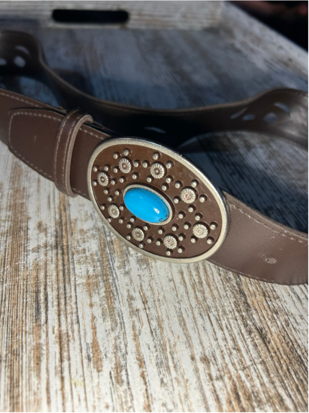 Women's Unbranded Brown Belt with Blue Stone Buckle, One Size - Picture 1 of 4